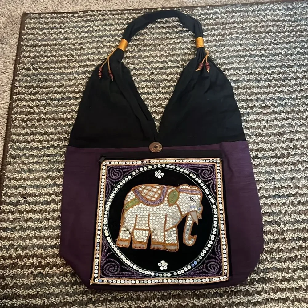 Embroidered Sequin Elephant Purse Shoulder Bag Tote Elephant Thailand Hobo Beads